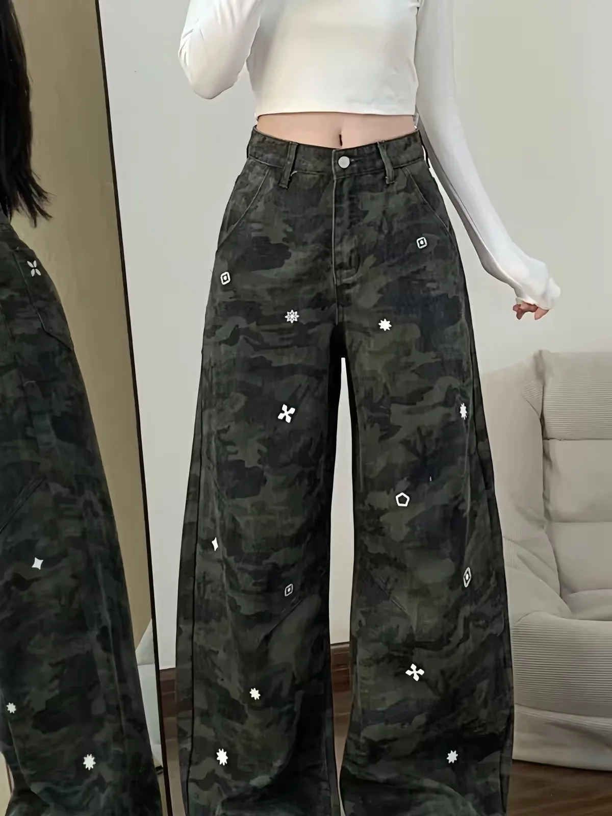 American Style Camouflage Printed Loose Long Pants High Waist Denim Jeans for Middle And High School Students Casual Trousers
