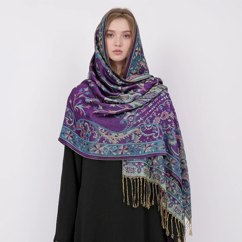 Ethnic Style Outdoor Women Retro Jacquard Scarf Thick Cashmere Tassel Shawl Winter Warm Neck Wrap Pashmina Floral