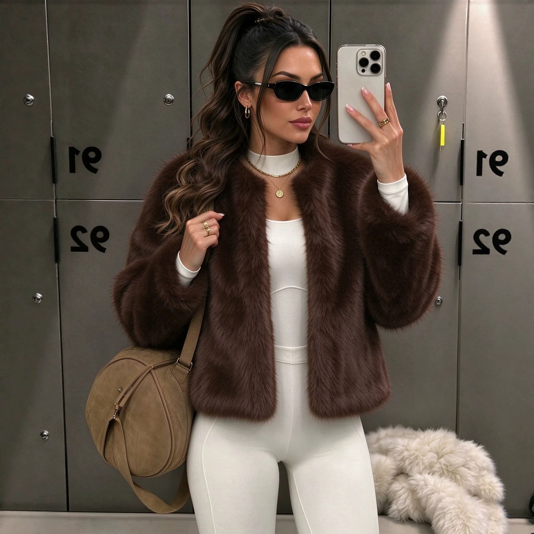 Women Coat Faux Fox Fur Coats Round Neck Full Sleeve Open Front Fluffy Casual Overcoat Autumn Winter Thick Warm Outerwear 2026