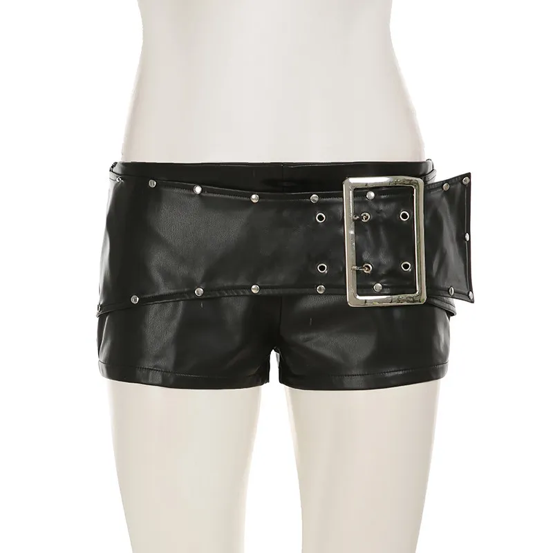Women Black Gothic Emo Y2K Mini Shorts Sexy Wide Belt Leather Short Pants Low Waist Bodycon Shorts Micro Boot Short Summer 2026