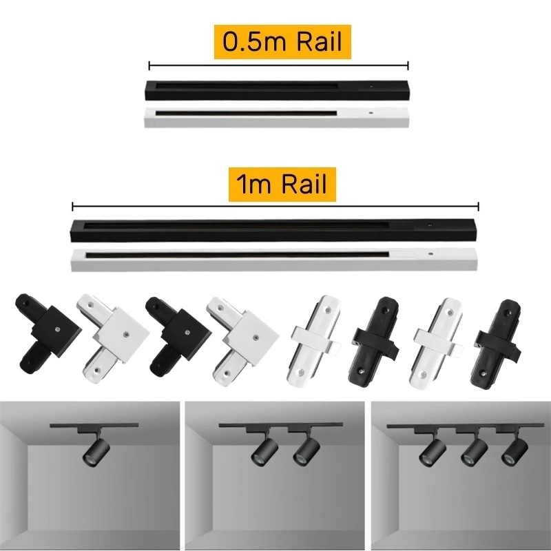 0.5m/1m Aluminum Track Rail Strip 2-Wire LED Ceiling Mounted Spotlight Rail Connector Board Linear Track Lighting System Fitting