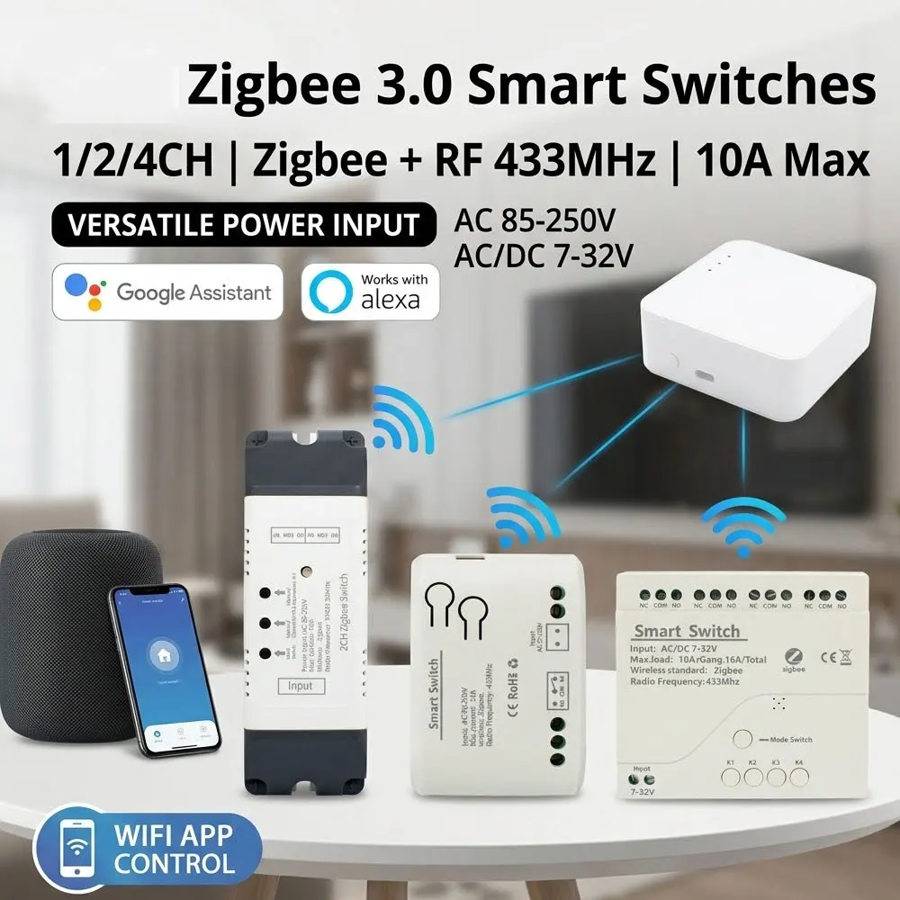 Zigbee 1/2/4-Kanal RF Smart Switch WLAN 3.0 Gateway 12V 24V AC DC Fernbedienung 433 10A WLAN-Relais Licht- und Türschalter für Tuya