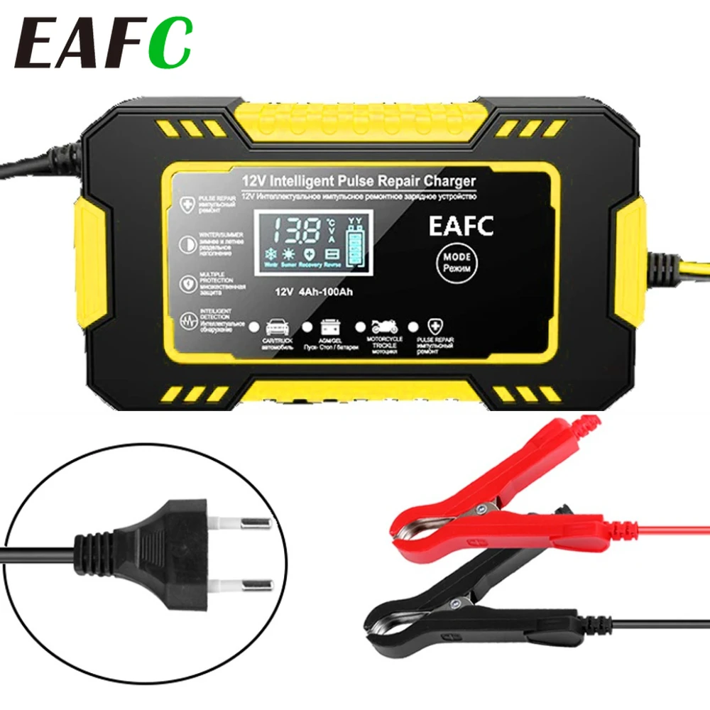 Cargador inteligente de reparación de pulso de 12 V 6 A - Pantalla LCD de carga rápida para baterías AGM/GEL/acido de plomo (coche/motocicleta)
