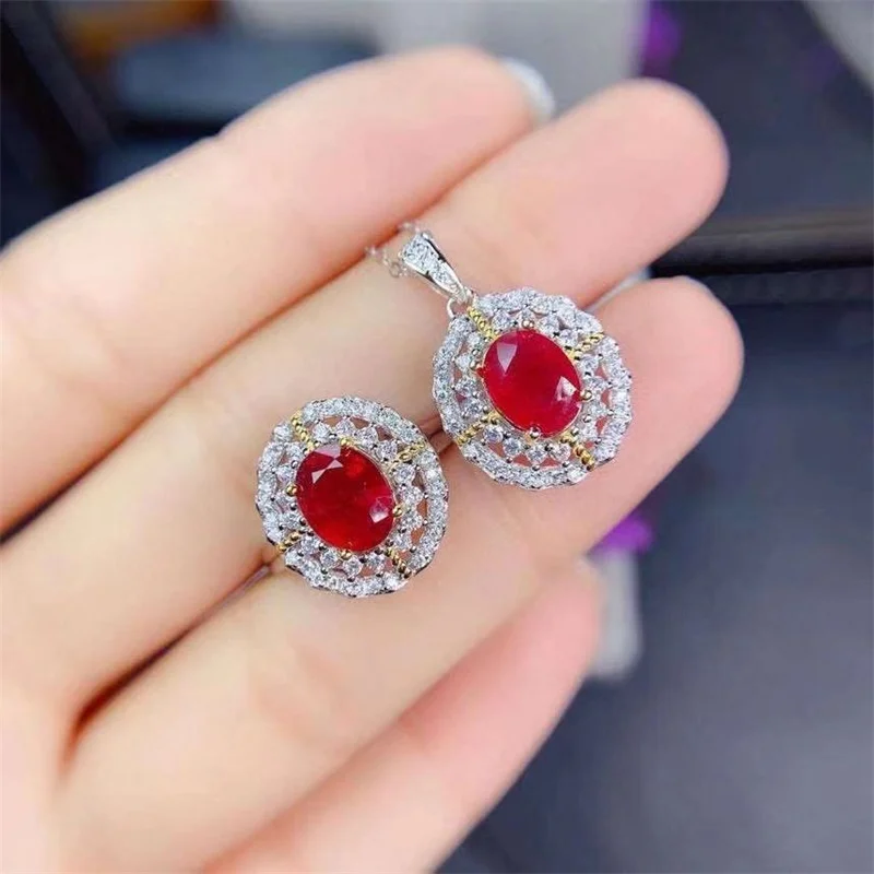 Authentic Natural Ruby Ring S925 Silver Ring Pendant Necklace Jewelry Sets  for Women Gemstone Gift  with Certificate