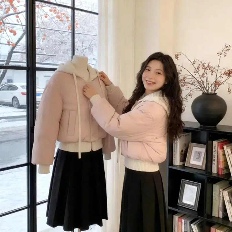 Winter New Korean Sweet Women's Knitted Hoodie Jacket Cold Resistant Warm Fashionable Cotton Padded Coat Comfort Casual Clothe