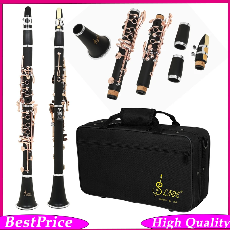 SLADE Bb Clarinet 17 Keys Ebony Body Silver-Plated Keys Dual Barrel Italian Pads ABS Hard Case Complete Woodwind Instrument Set