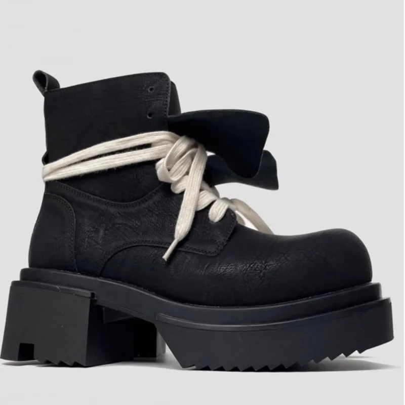 Black Leather High-top Boots For Men Fashion Lace-up Height-increasing 7cm Platform Shoes Men Punk Chunky Sole Designer Boots