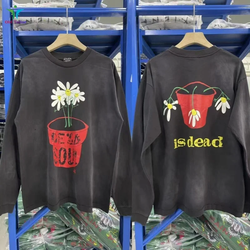 

Новейшая футболка Saint с винтажным принтом подсолнуха 25SS, осенний мужской и женский модный пуловер с длинными рукавами и потертой отделкой