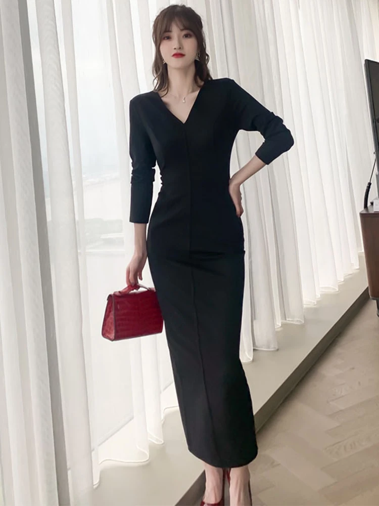 Spring Dresses Woman 2023 Wild Basic Elegant Black Maxi Dress Long Sleeve Zipper Pockets Slit Femme Robe Bottom Party Vestidos