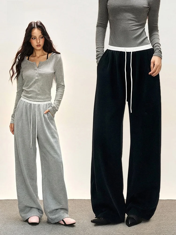 

Женские зимние повседневные спортивные брюки iyue American Sle свободного кроя с цветными вставками, прямые, с широкими штанинами и завязками на талии