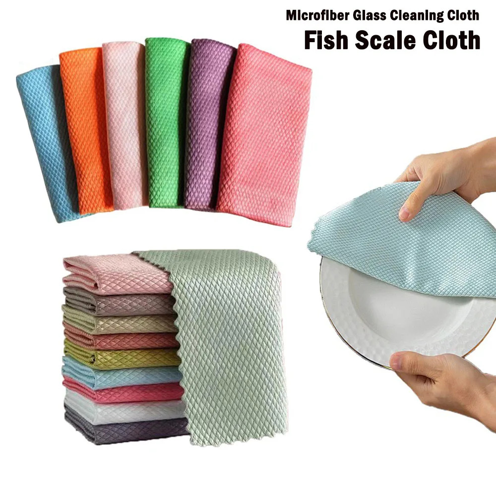 

5/10Pcs Fish Scale Microfiber Towel for Kitchen Anti-Grease Wiping Rags Tableware Glass Wipe Cloth Household Cleaning Cloths