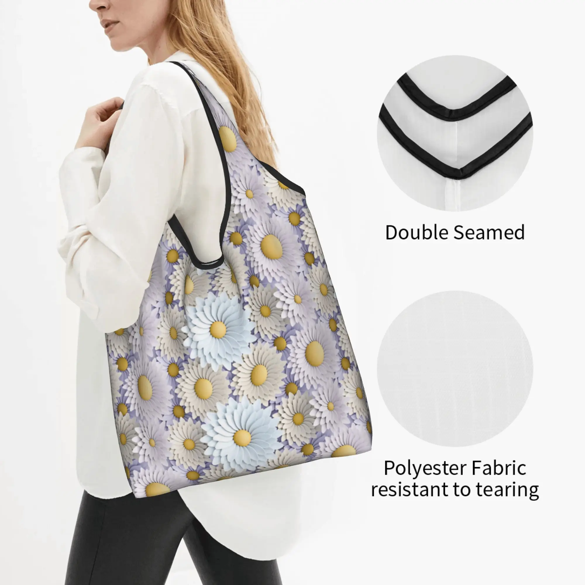 Recycling Luxury High 3D Daisies Floral Shopping Bag Women Tote Bag Portable Fashion Trend Groceries Shopper Bags