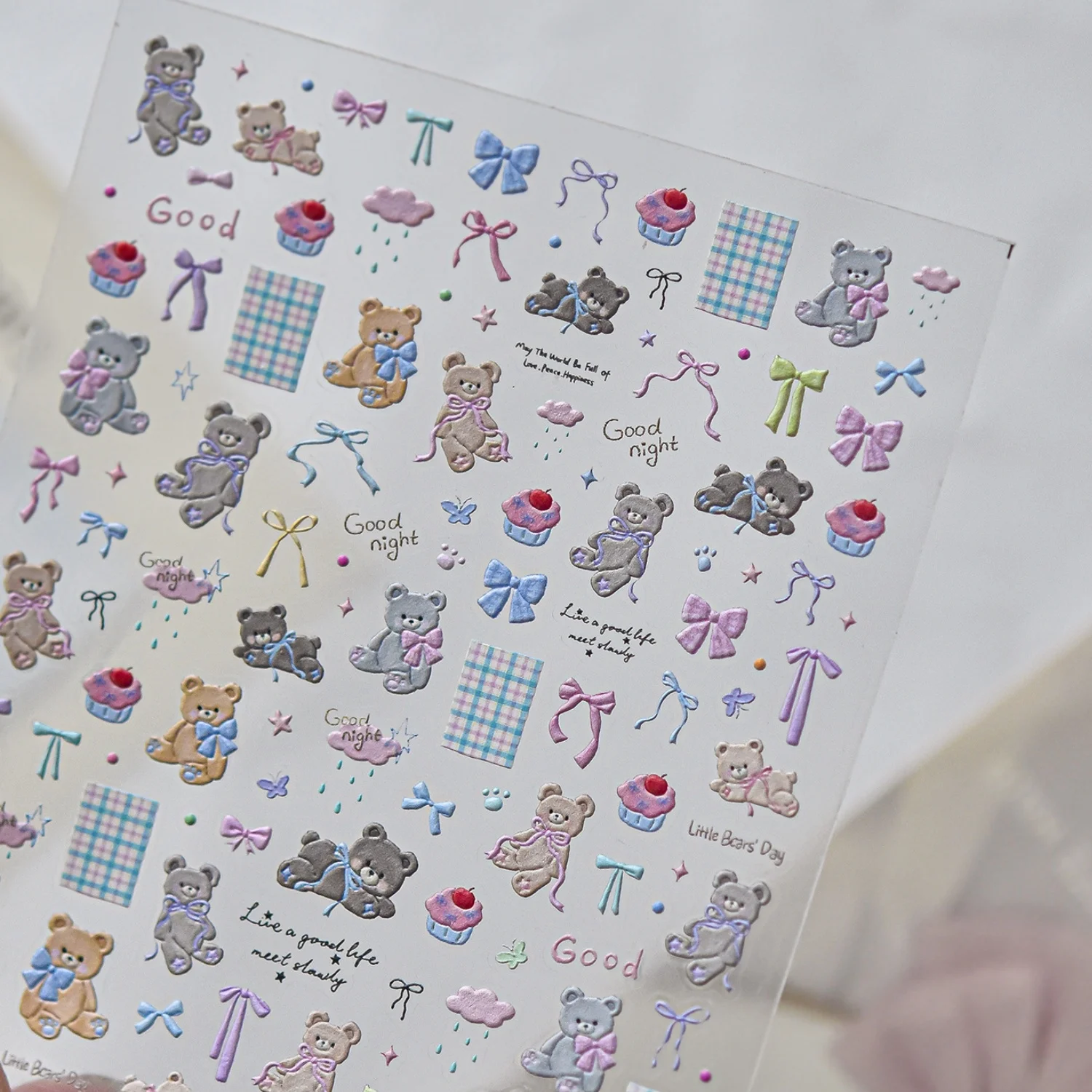 Sweet Cute Bow Bear 5D Nail Decals Color Ribbon Plaid Square Cupcake Cloud Raindrop Nail Art Stickers Self‑Adhesive for Girls