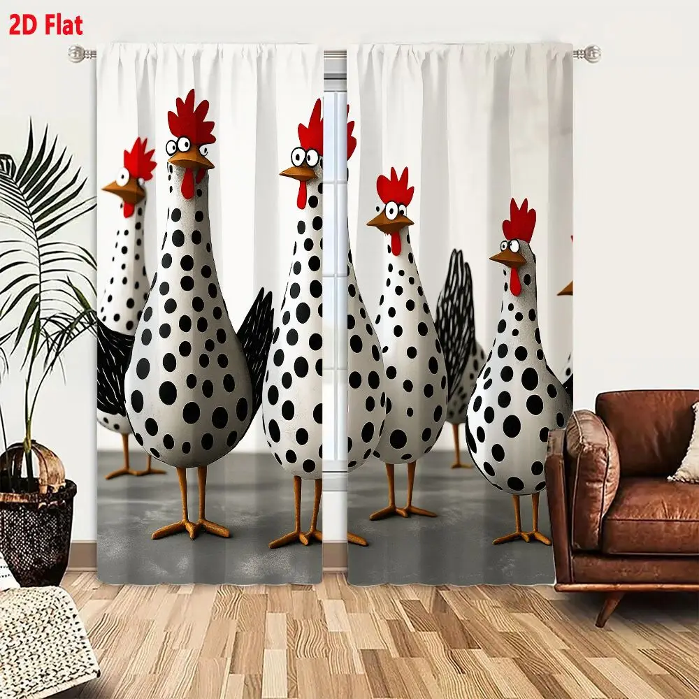2Pcs Curtains 2D Flat Stylized Chicken Figurines White With Black Polka Dots Red Comb Cartoon Ceramic Or Plastic Decor Window Dr