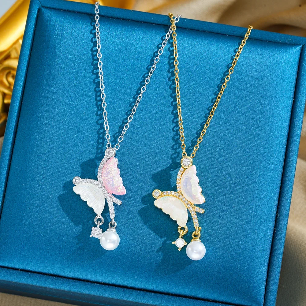 

Colorful fluorescent butterfly pearl tassel titanium steel necklace in a light luxury style, suitable for ladies