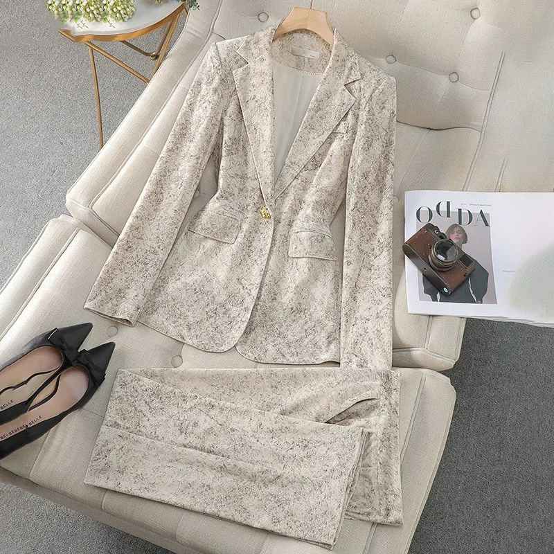 Pop Pleuche Two Piece Set Womens 2024 Office Ladies Elegant Turn Down Collar Single Button Crop Blazers Straight Leg Pants Suits