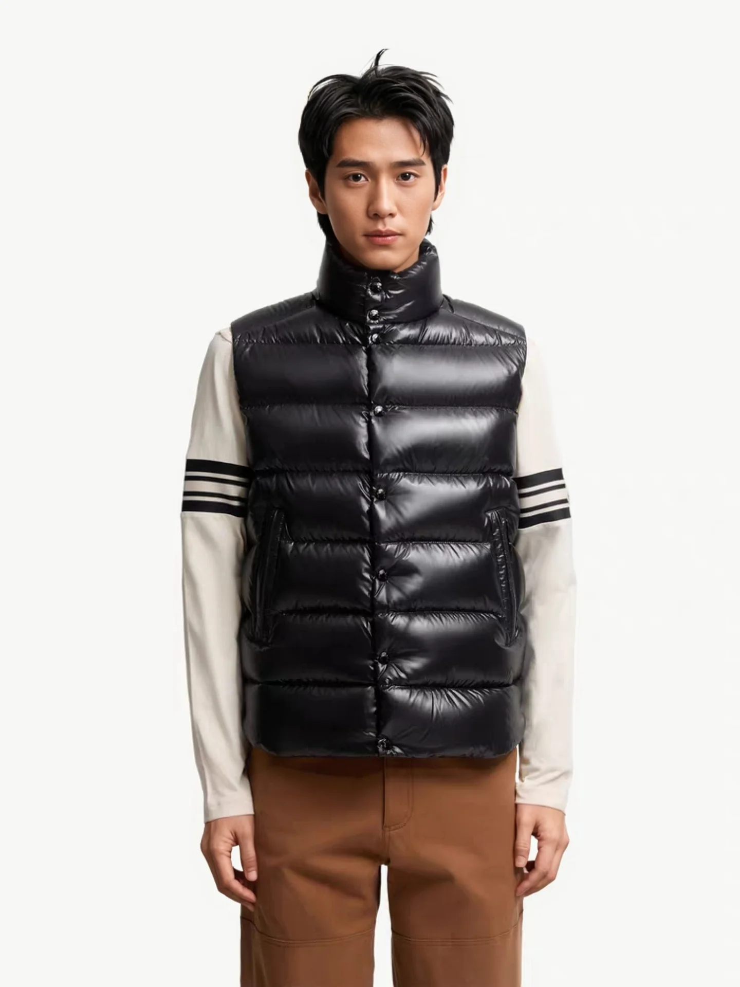 

American Casual Classic Wide Ribbed Collar Olive Green Ink Blue Coffee Color White Goose down Thickened down Vest Men