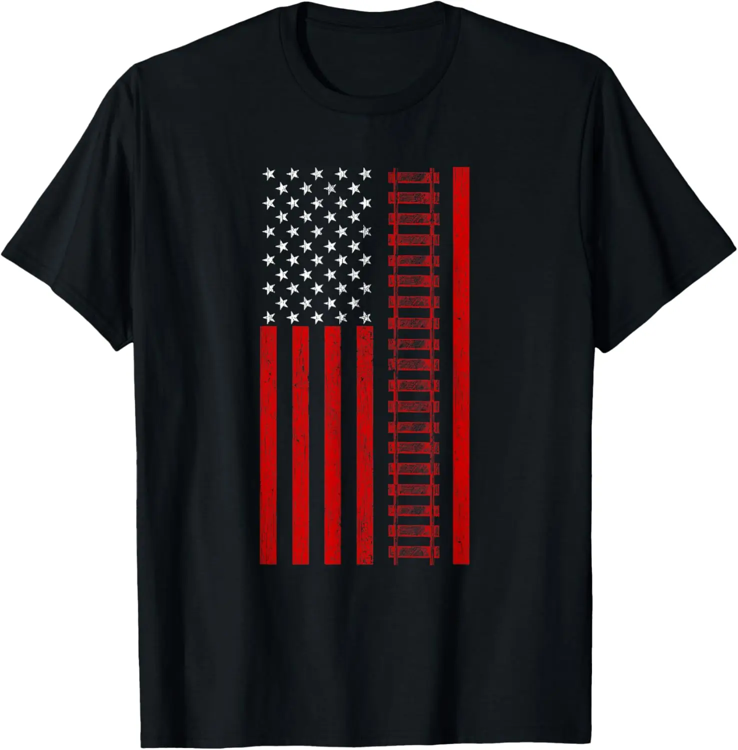 American Railroad Worker Flag With Train Tracks Distressed T-Shirt