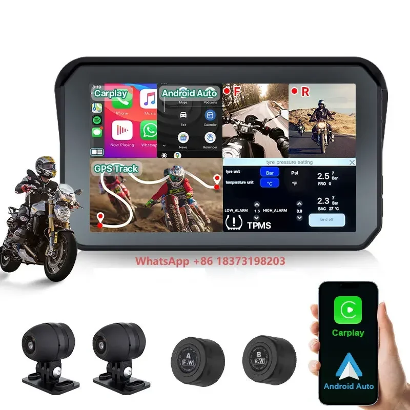 

Wireless WiFi 1080P Waterproof 5 Inch Motorcycle Carplay Android Auto GPS Navigation TPMS Dash Cam DVR Recorder