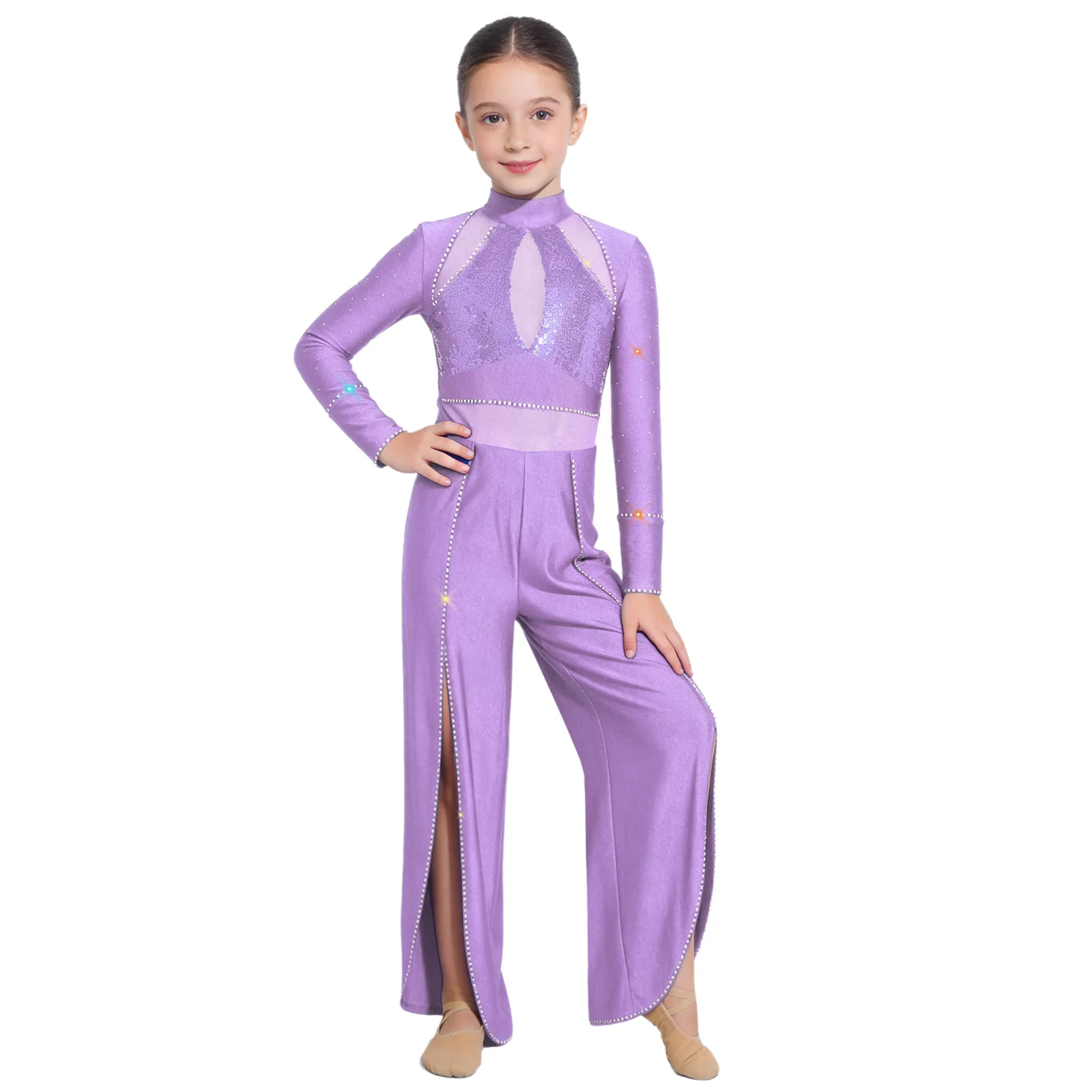 

Kids Girls Rhythmic Gymnastics Ballet Dance Unitard Athletic Dancewear Shiny Rhinestones Sequins Invisible Zipper Split Jumpsuit