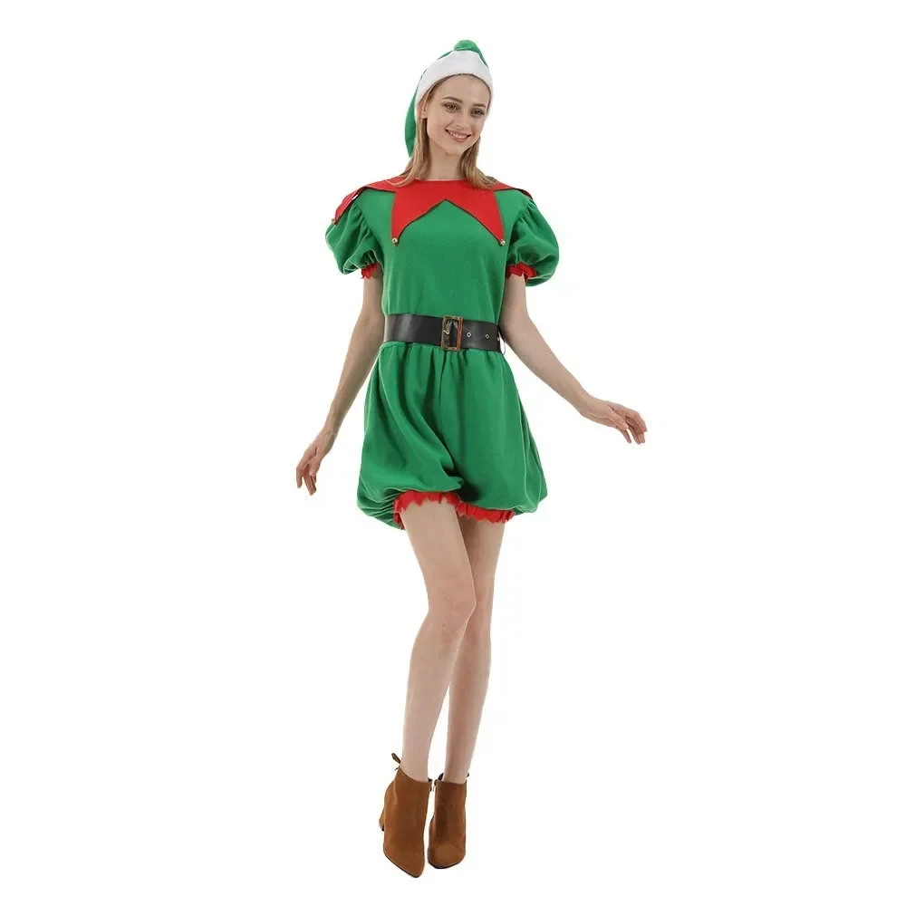 Strój elfa dla kobiet strój świąteczny sukienka dla dorosłych słodkie Santa Elves Xmas karnawałowe kostium imprezowy z czapką pokrowiec na buty