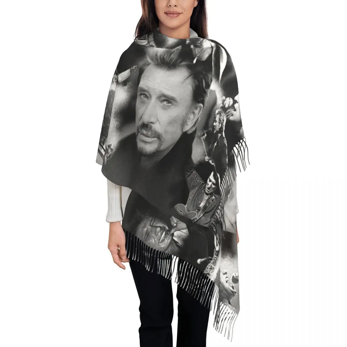 

Женские большие шарфы в стиле ретро в стиле рок Джонни Холлидей, женские зимние толстые теплые шаль с кисточками, французский французский шарф певицы