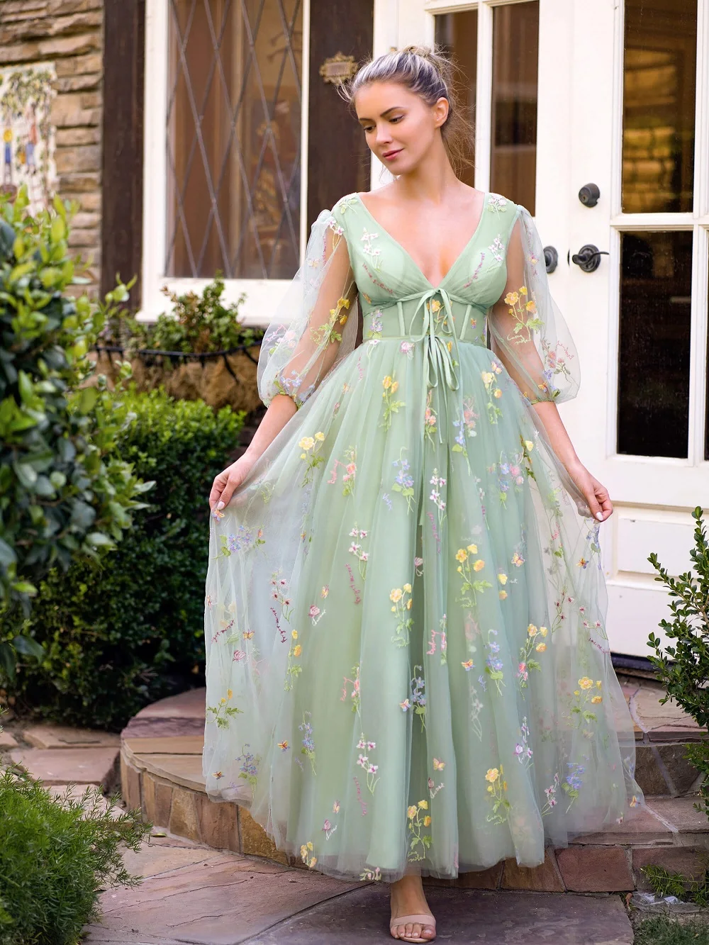 Sweetheart Embroidered Midi Prom Dress Women Green Tulle Puff Sleeves Floral Corset A Line Tea-Length Formal Evening Party Gowns