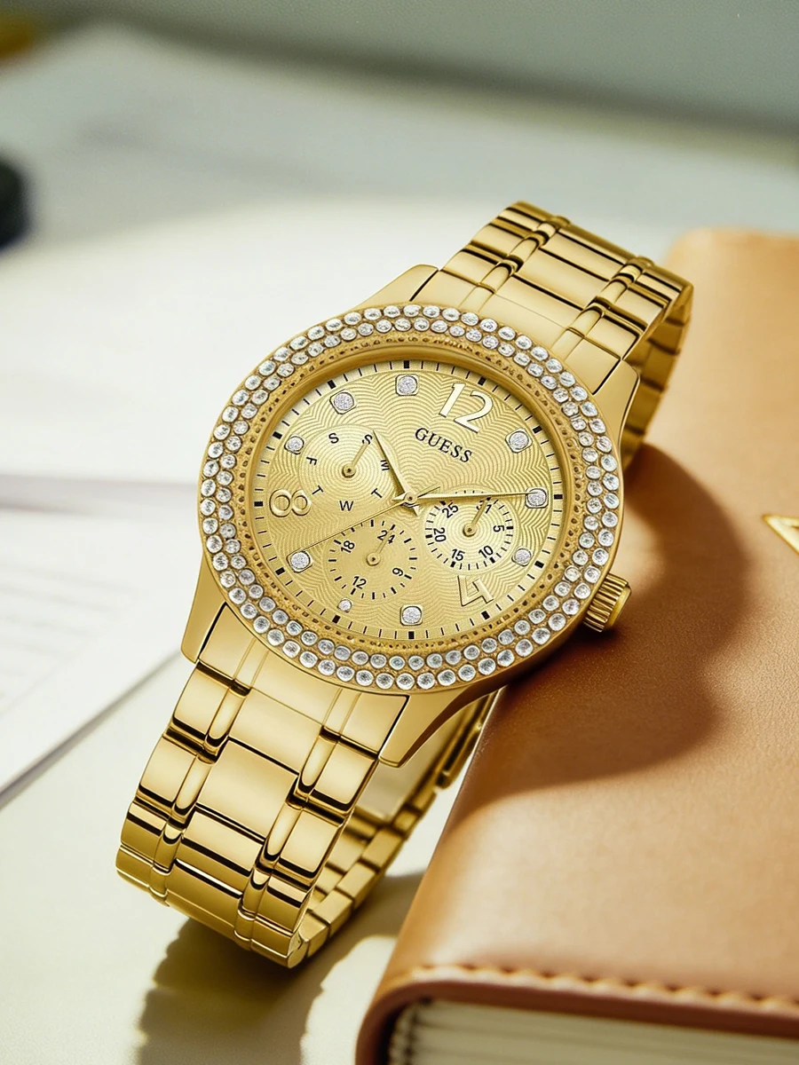 GUESS Women's Crystal Multifunction Quartz Watch Gold Tone Stainless Steel Band Dial Bling for Office Wedding Daily Casual