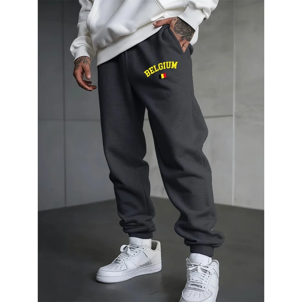 Бельгийский текст с принтом флага, спортивные штаны, мужские зимние брюки, флисовые теплые универсальные брюки для бега, базовая свободная мужская одежда