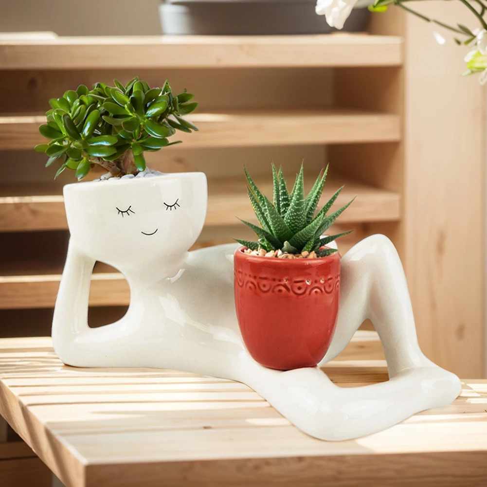 Fun cute lazy little character flower pot creative home with drainage hole desktop home office decoration