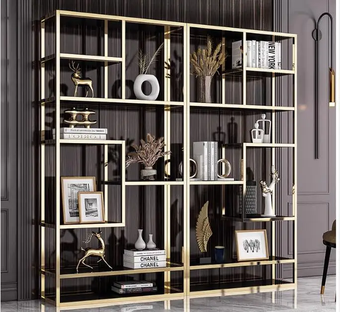 Stainless steel floor-to-ceiling bookshelf shelving living room antique rack light luxury partition display rack gold decorative