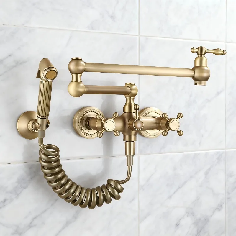 Brass Retro Kitchen Faucets with Spray Gun Antique Style Balcony Hot and Cold Mixed Water Faucet