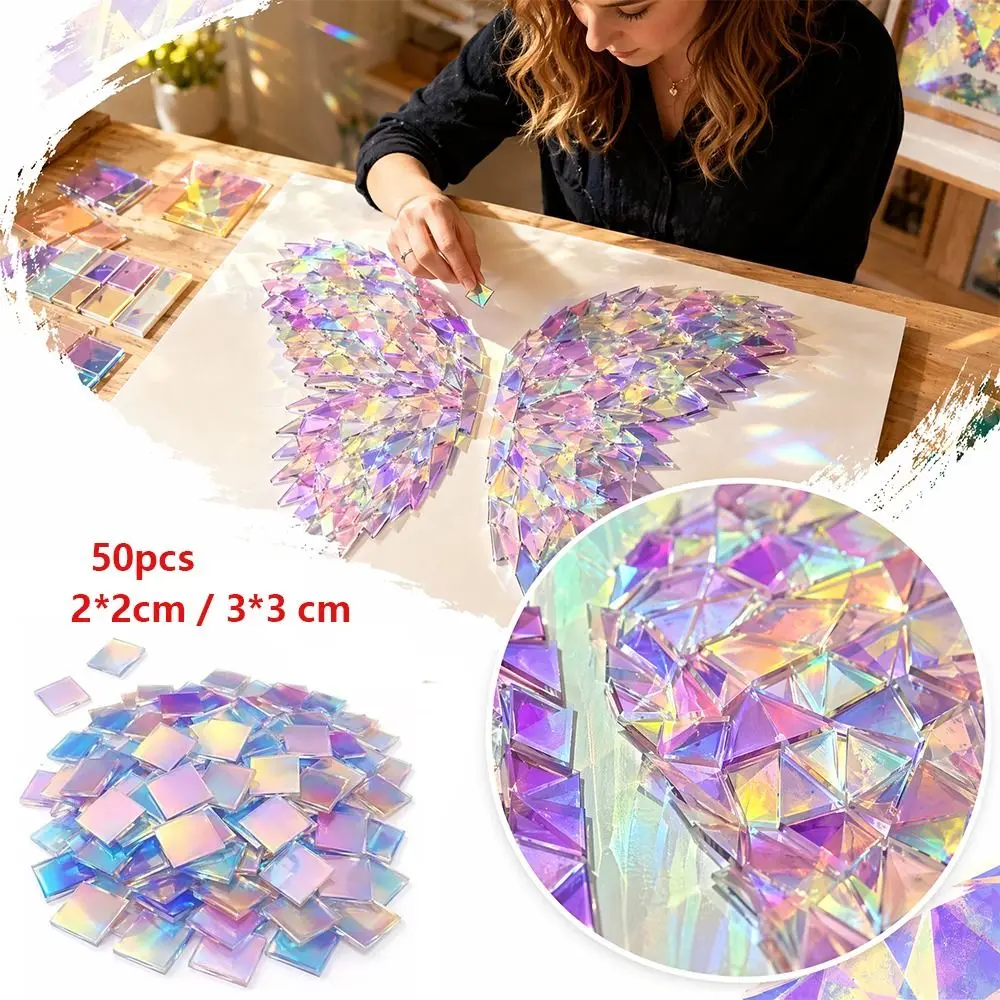 50 Stück Regenbogenfarbene, strahlende Acrylplatten, quadratisch, Mini-Mosaik aus schillerndem Acryl, einfach zu kleben, holografisches Acryl, DIY-Werbung