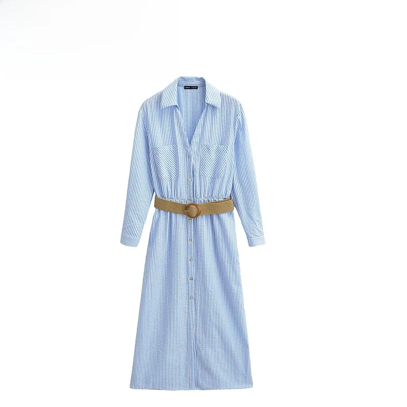 ZBZA Wiosenna Nowa Damska Modna Spódnica w Paski z Paskiem, Wysoki Stan, Długa Spódnica Midi z Włókna Poliestrowego