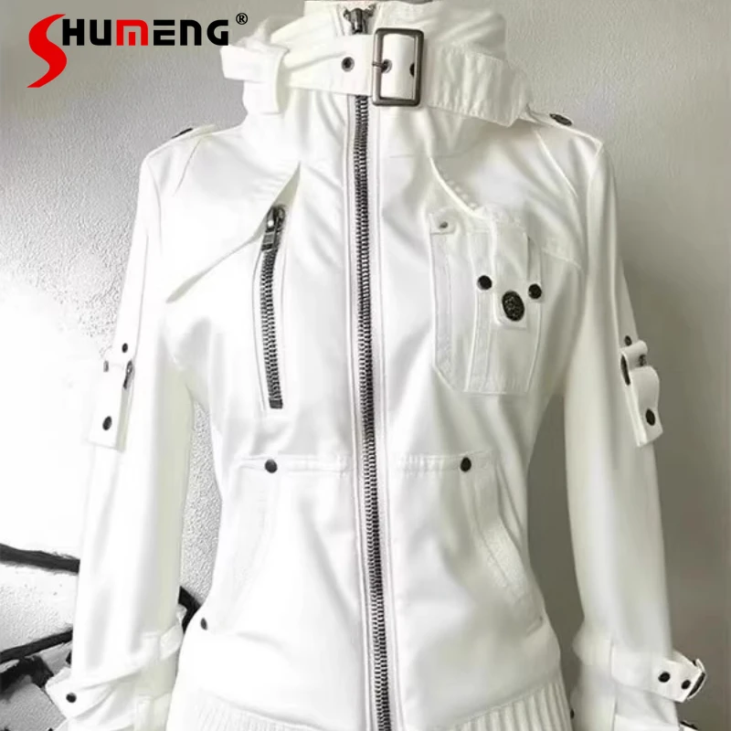 

American Retro White Workwear Stand Collar Jacket Coat Women's Top Autumn Versatile Elegant Cool Style High-end Jaquetas Ladies