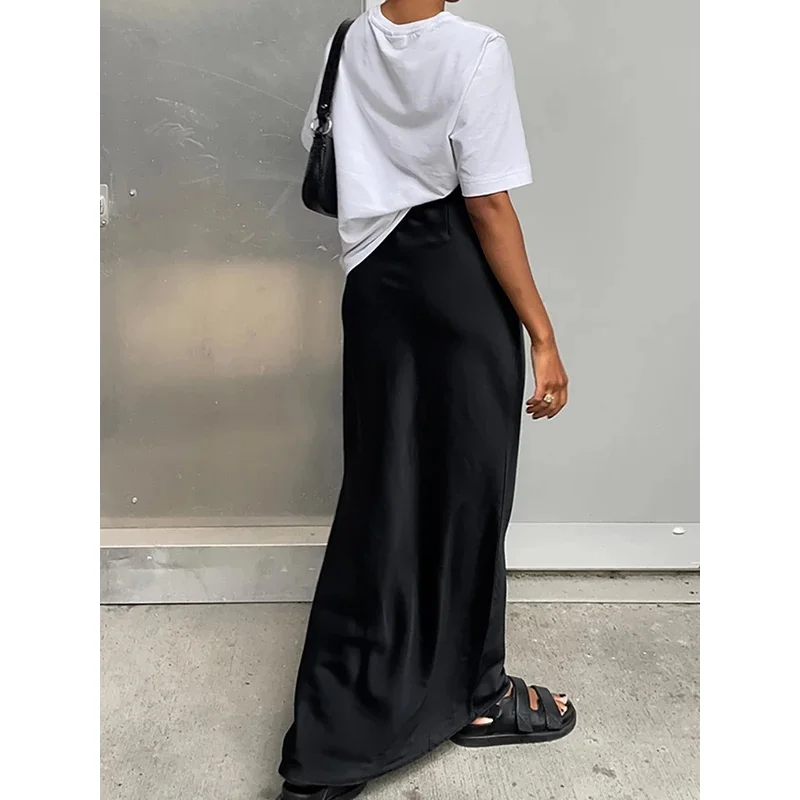 Office Lady Black Straight Skirts For Women 2026 Street Chic Solid Satin Long Skirt Casual High Waist Floor-Length Skirts