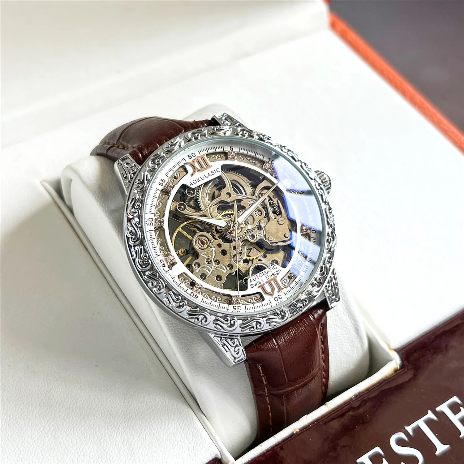 Stainless Steel Diamond Skeleton Carved Luminous Waterproof Genuine Leather Strap Self-Wind Automatic Watch for Men