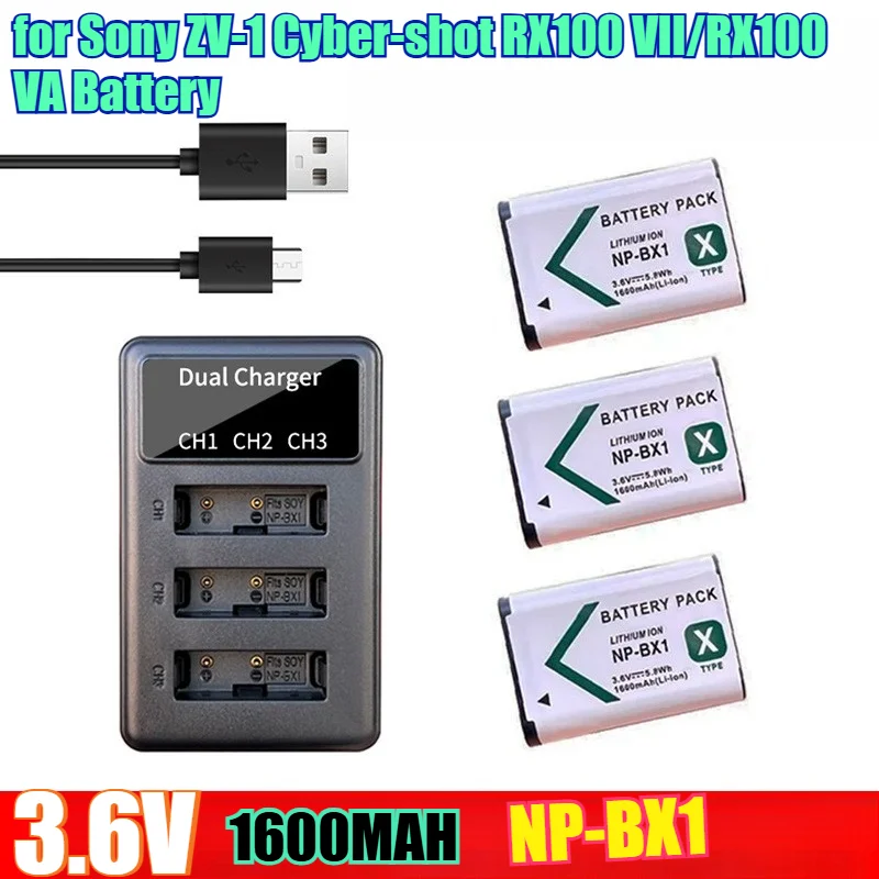 1600mAh NP-BX1 Lithium Battery & USB Charger Kit for Sony ZV-1 Cyber-shot RX100 VII/RX100 VA Battery with LCD Power Display