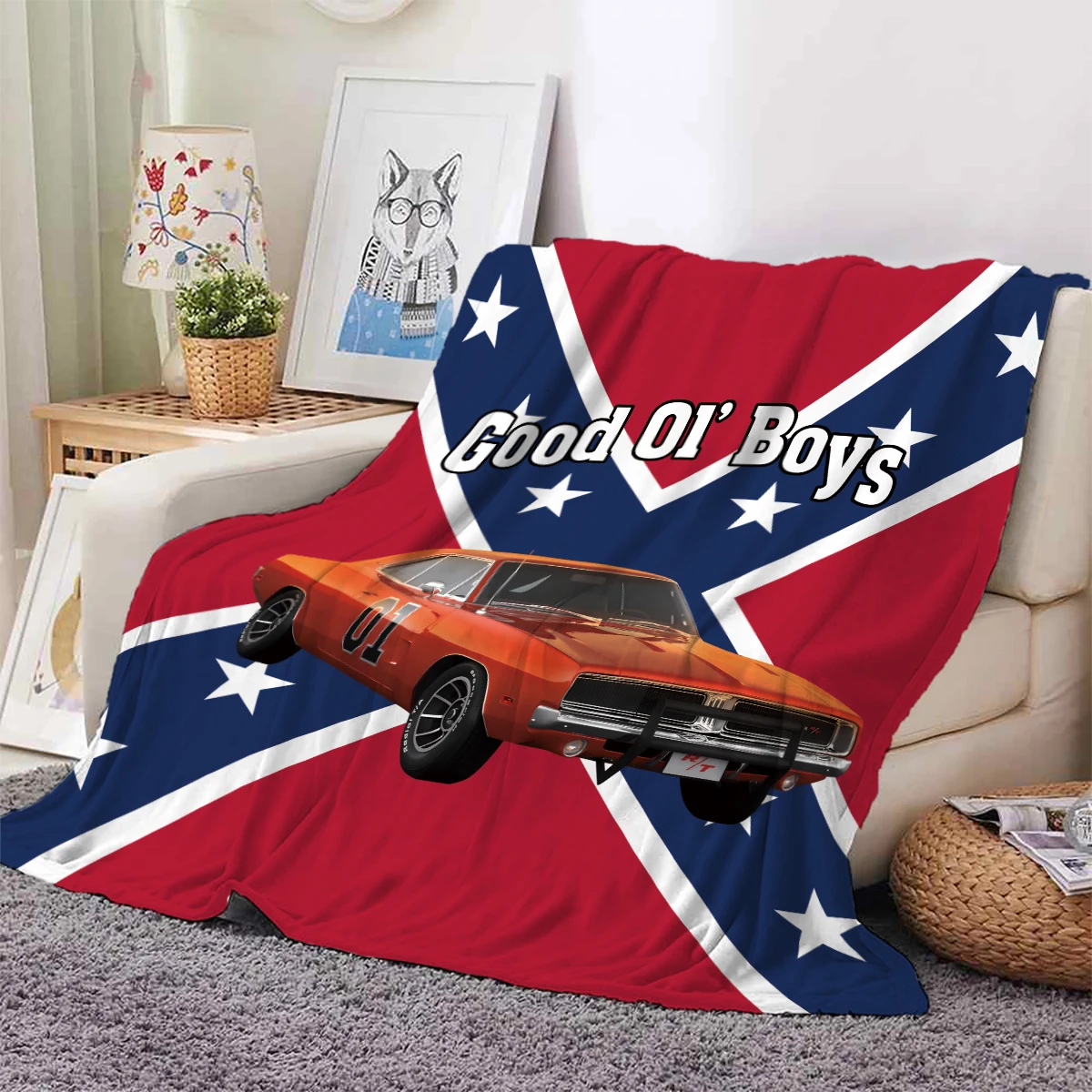 1pc Dodge Charger General Lee digital printed flannel blanket, warm, skin-friendly, suitable for office, home, travel, camping