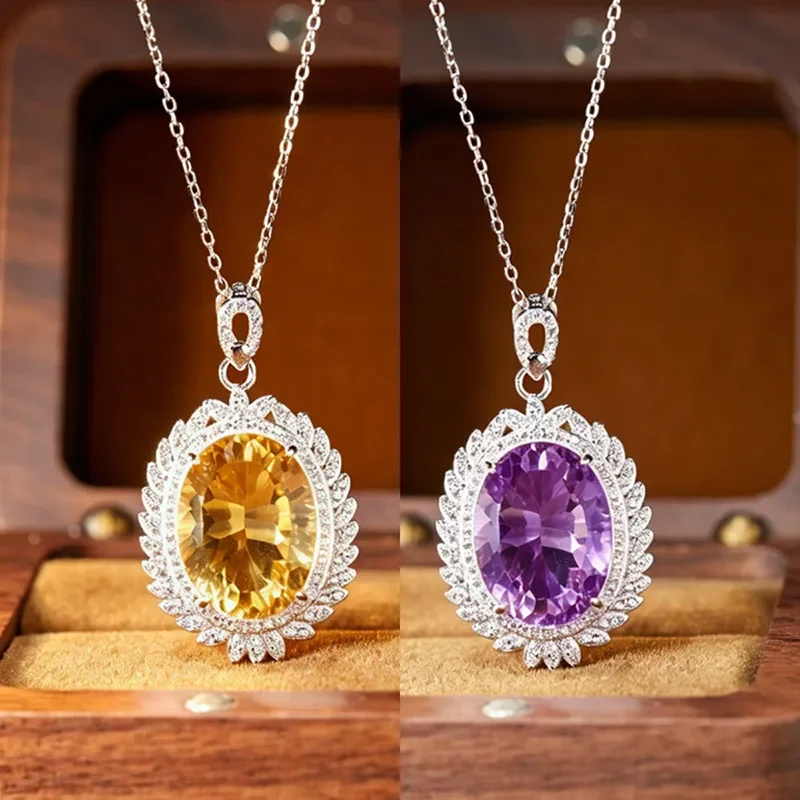 Big Carat Natural Citrine Amethyst Ring Women's S925 Sterling Silver Color Treasure Jewelry European and American