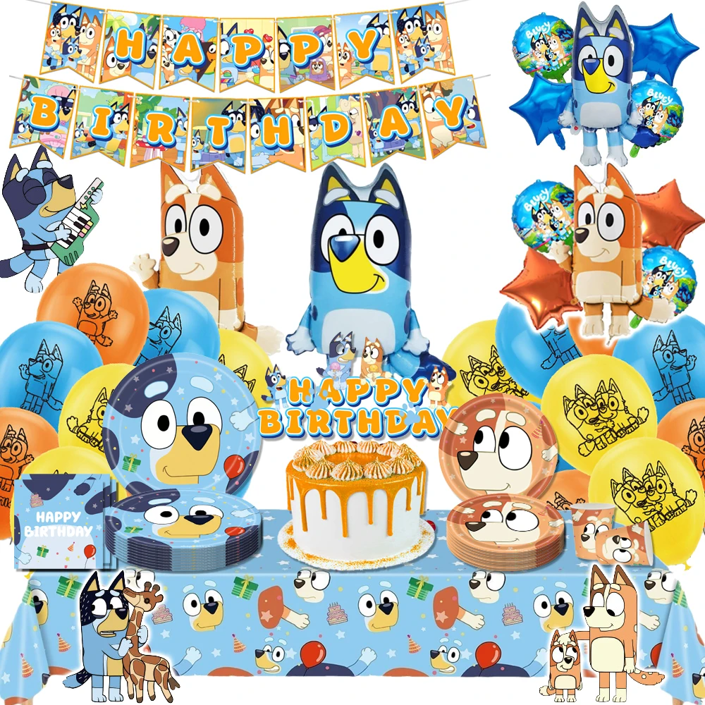 Cute Bluey family Dog Birthday Party cutlery plate Disposable Banner Cake Topper Hanging Flag Balloons Set Birthday Decorations