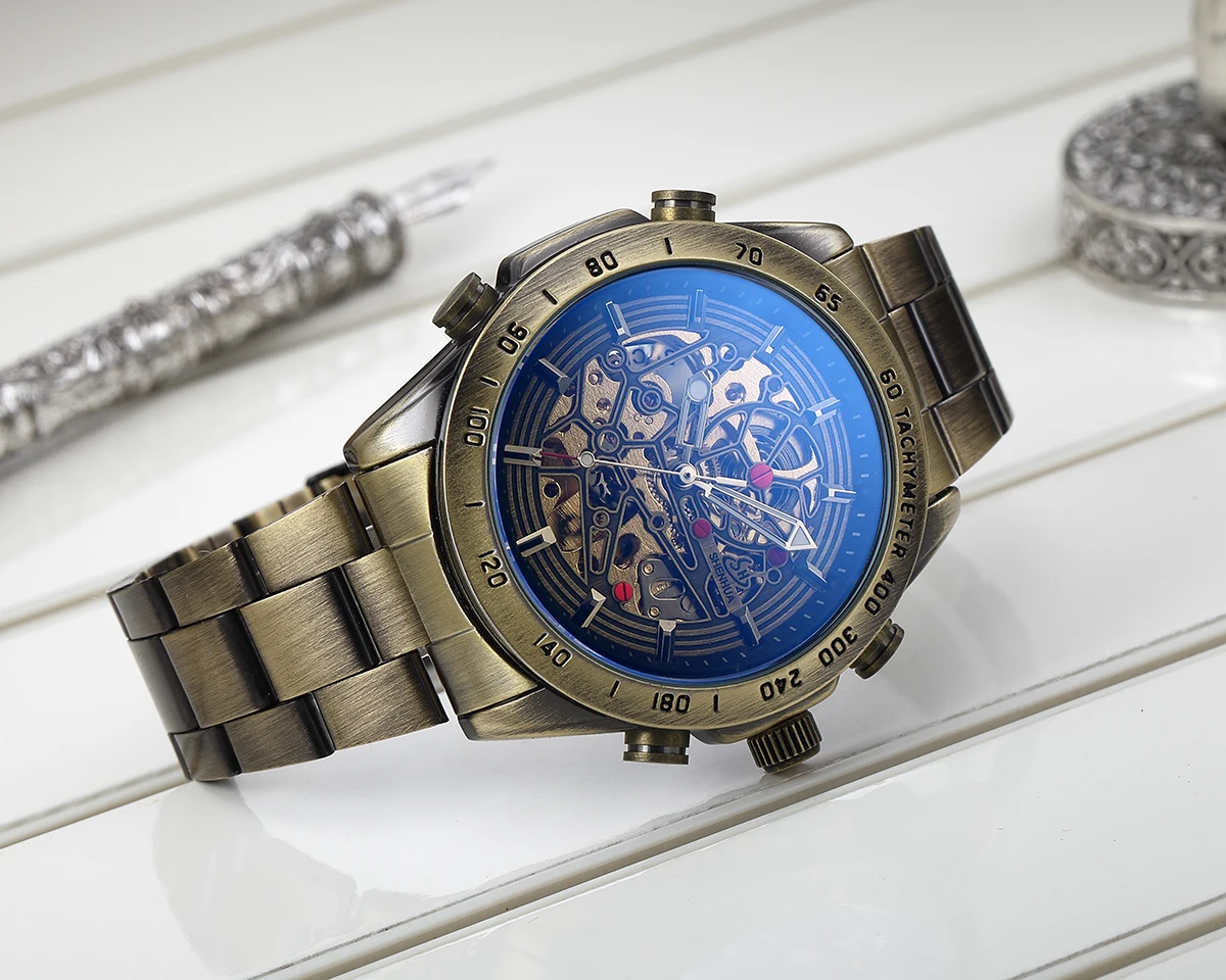 Relojes SHENHUA para hombre, reloj de pulsera mecánico automático con esqueleto de bronce Vintage, correa de acero, reloj impermeable de lujo para hombre
