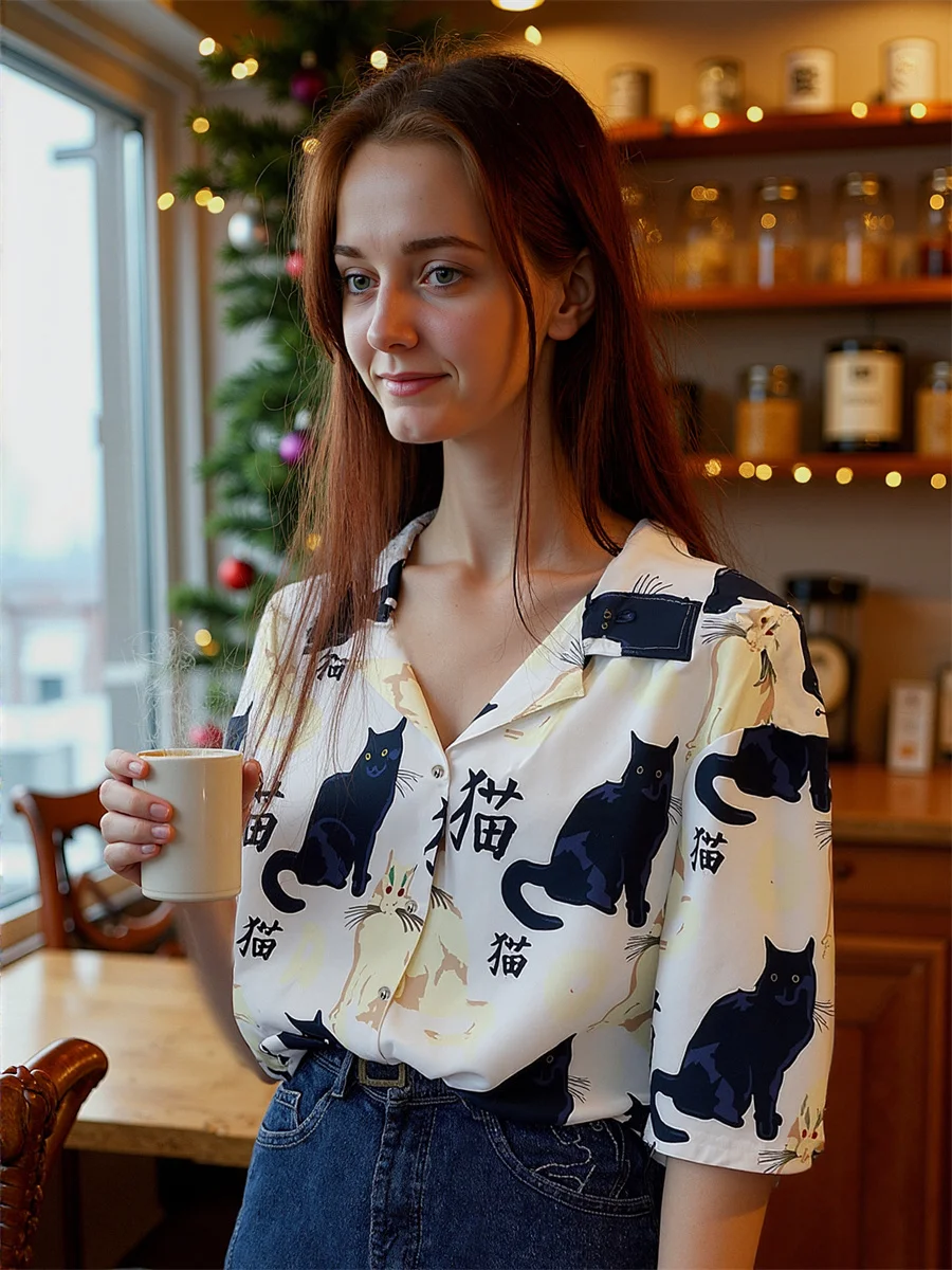Camisas de estilo coreano con estampado de animales, blusas Gyaru, ropa para mujer, empalme nocturno con lentejuelas de invierno, pintura de estrellas bohemias para ir al trabajo