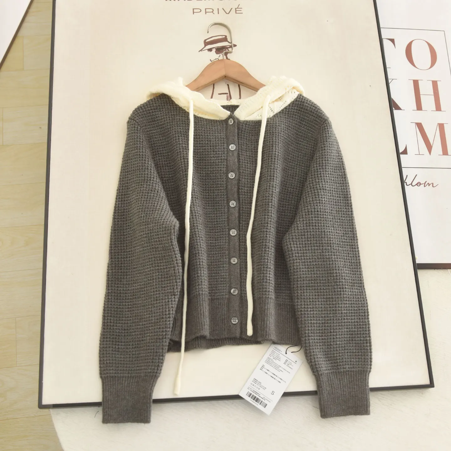 Korean Sweet Contrast Hooded Knit Cardigan Women Waffle Button Down Long Sleeve Drawstring Cropped Casual Sweater Jacket Coat
