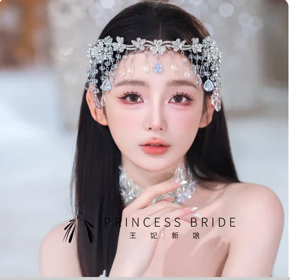 

Роскошное украшение для лба с кисточками и кристаллами циркона для невесты, тяжелая промышленность, женское свадебное платье с ветром, свадебный головной убор