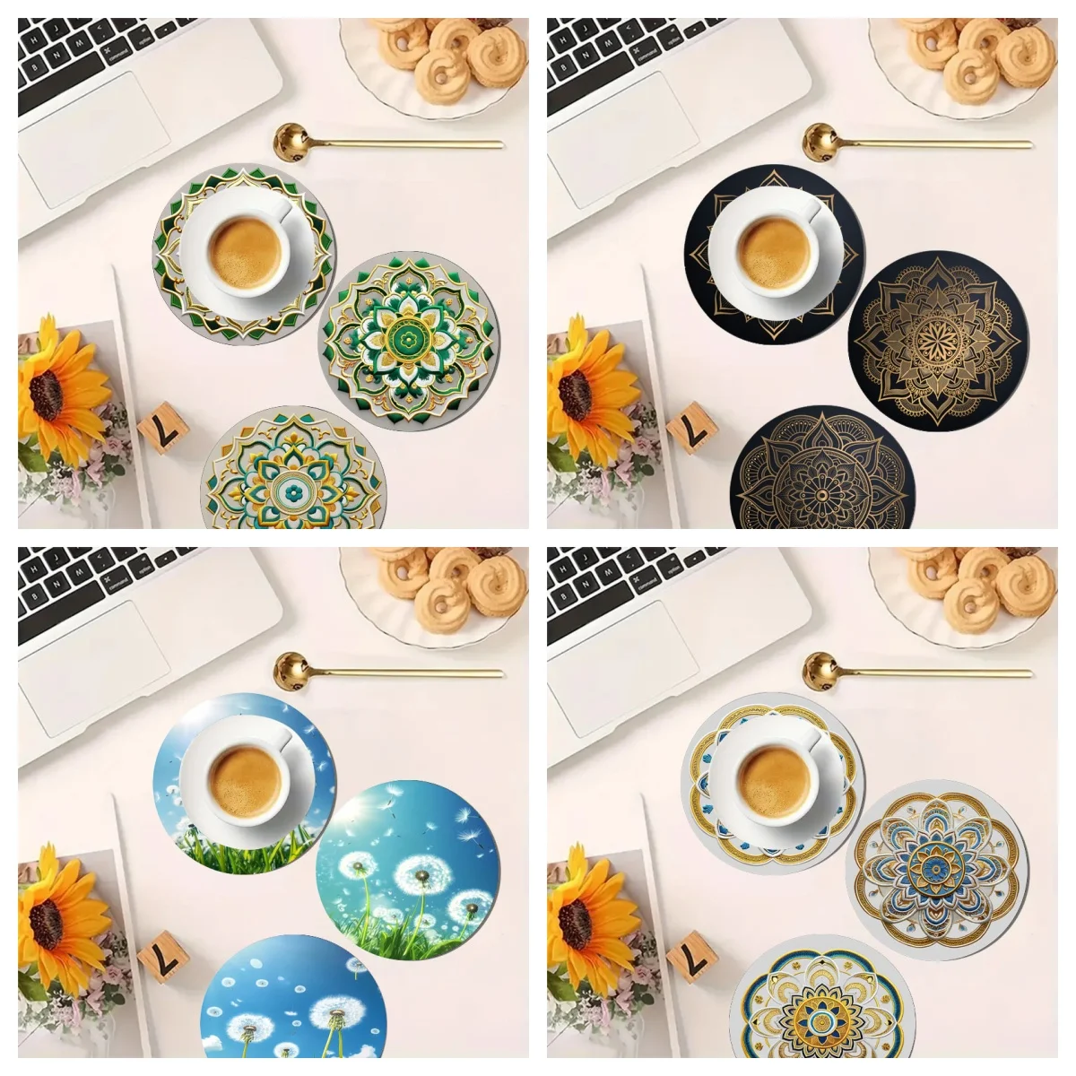 4 قواعد/مجموعة من أكواب/مجموعة فنية بنمط زهور ماندالا الشفاء، قواعد خشبية مضادة للانزلاق، مناسبة لتزيين المطبخ والمكتب والحفلات