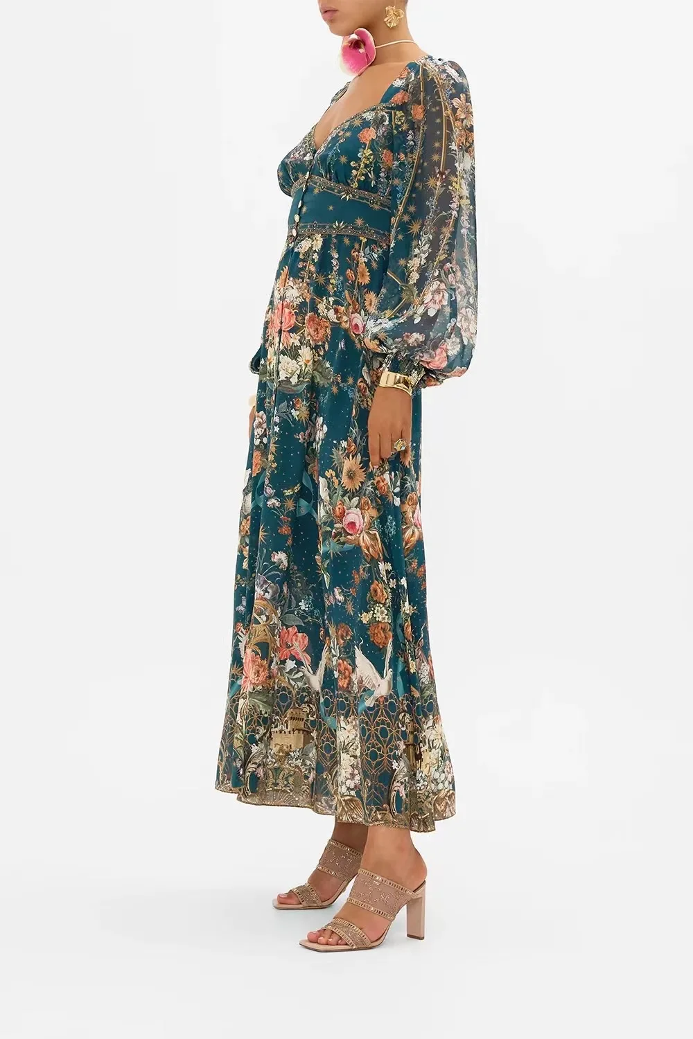 Women Sweetheart Neck Lantern Sleeve Silk Flower Print Long Dress