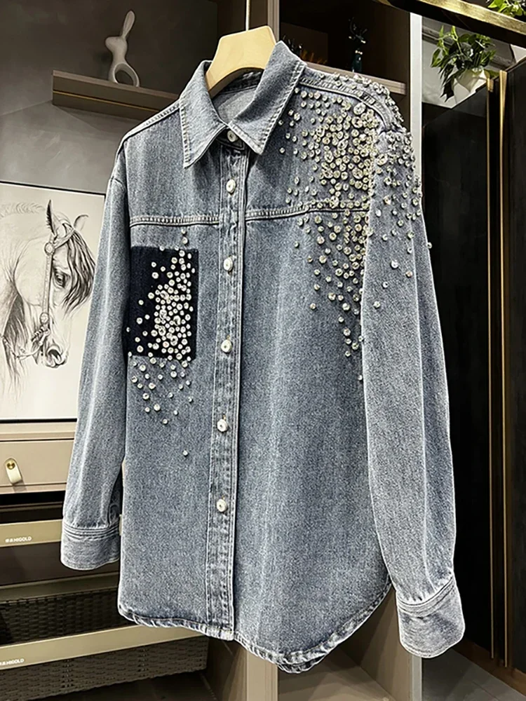 Women's Denim Shirt Patchwork Single Pocket Panelled Loose Long Sleeve Diamonds Blouse 2024 Summer New Fashion 29L2946