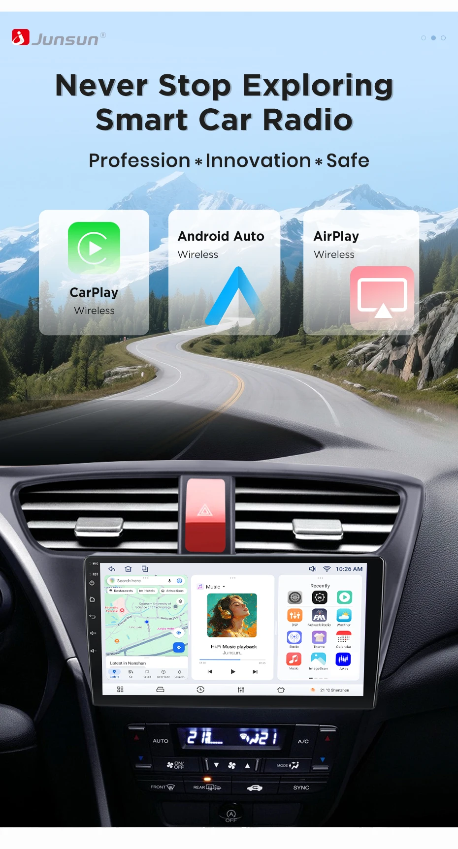 Junsun Wireless CarPlay Android Auto Autoradio für Honda Civic 9 FK FB 2012-2017 Auto-Intelligentes System DSP SWC RDS GPS FM BT – Detail 4