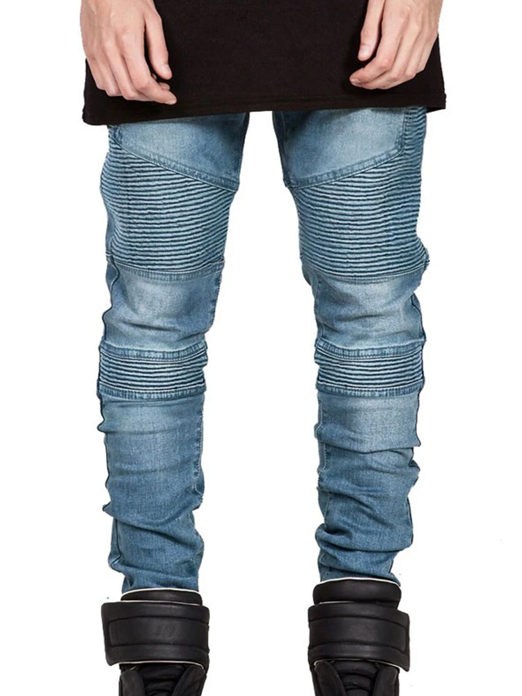 Spring Autumn Streetwear Men Slim Biker Jeans Fashion Folds Motorcycle Skinny Jogger Male Hip Hop Skateboard Denim Trousers